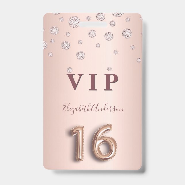 16th birthday rose gold pink diamonds balloon font badge (Front)