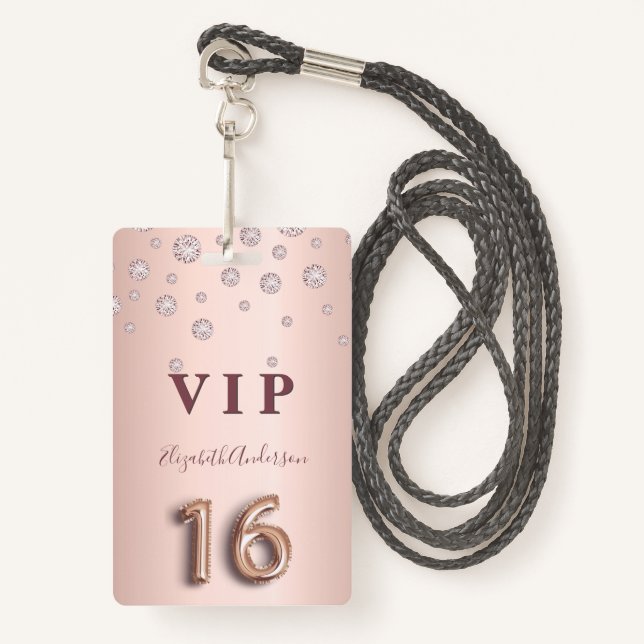 16th birthday rose gold pink diamonds balloon font badge (Front with Lanyard)