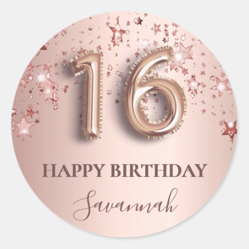 16th birthday rose gold pink stars balloon font classic round sticker