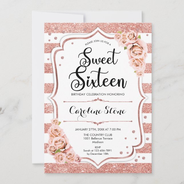 16th Birthday - Rose Gold White Stripes Floral Invitation (Front)