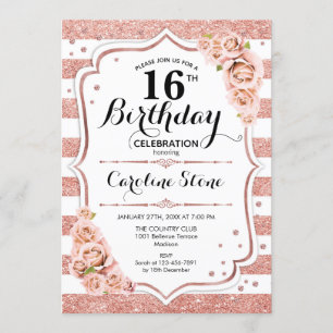 16th Birthday - Rose Gold White Stripes Invitation