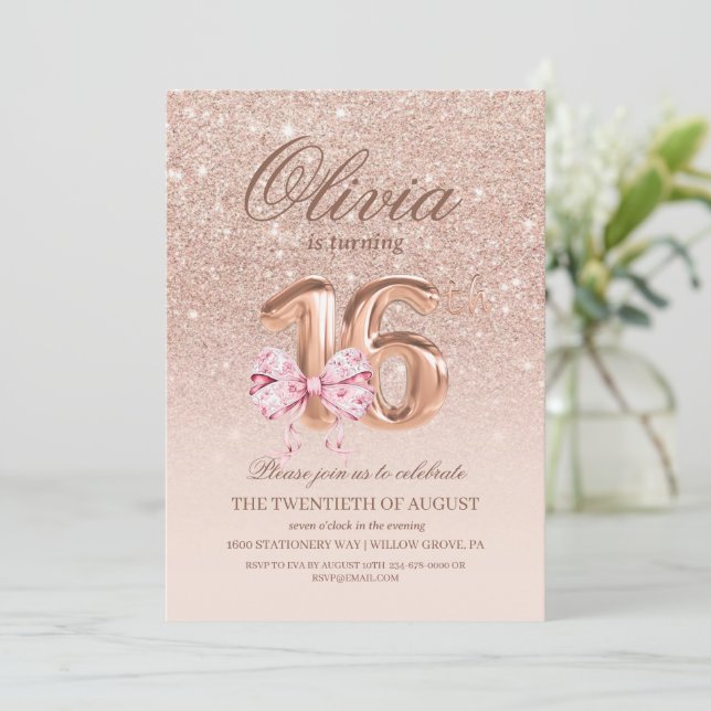 16th Birthday Rose Pink Gold Bow Birthday Party Invitation (Standing Front)