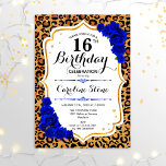 16th Birthday - Royal Blue Gold Leopard Print Invitation<br><div class="desc">16th Birthday Invitation.
Elegant royal blue white design with faux glitter gold. Features leopard cheetah animal print,  script font and sapphire blue roses. Perfect for an elegant birthday party. Can be personalized into any year! Message me if you need further customization.</div>