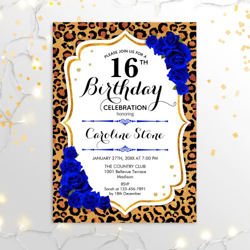 16th Birthday _ Royal Blue Gold Leopard Print Invitation