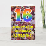 [ Thumbnail: 16th Birthday; Rustic Autumn Leaves; Rainbow "16" Card ]