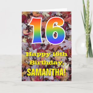 16th Birthday; Rustic Autumn Leaves; Rainbow "16" Card