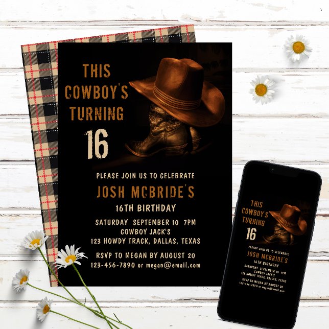 16th Birthday Rustic Cowboy Hat and Leather Boots Invitation (Creator Uploaded)