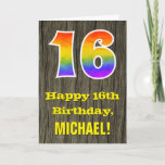 [ Thumbnail: 16th Birthday: Rustic Faux Wood Look, Rainbow "16" Card ]