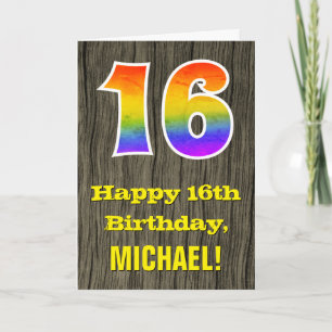 16th Birthday: Rustic Faux Wood Look, Rainbow "16" Card