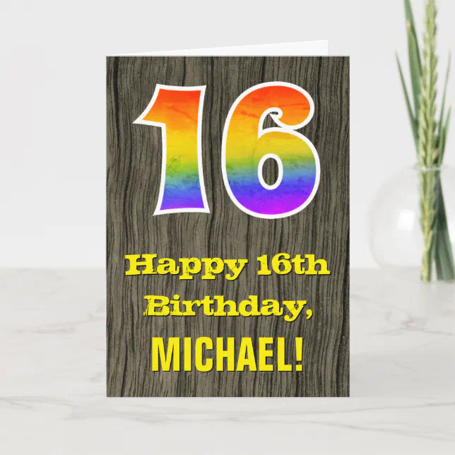 16th Birthday: Rustic Faux Wood Look, Rainbow 