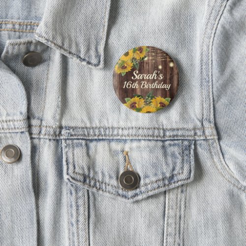 16th Birthday Rustic Wood Sunflowers String Lights Button