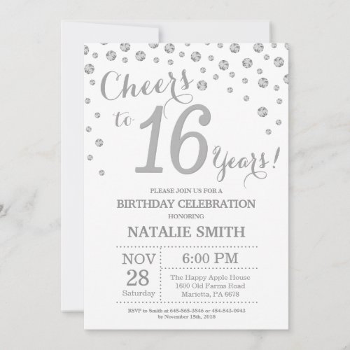 16th Birthday Silver Glitter Diamond Invitation