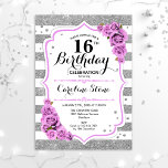 16th Birthday -  Silver White Stripes Purple Roses Invitation<br><div class="desc">16th Birthday Invitation
Elegant silver white lavender design with faux glitter. Silver and white stripes with purple roses. Perfect for an elegant sixteenth birthday party.</div>