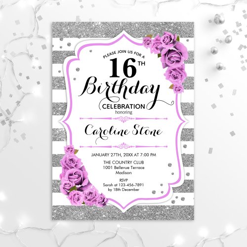 16th Birthday _  Silver White Stripes Purple Roses Invitation