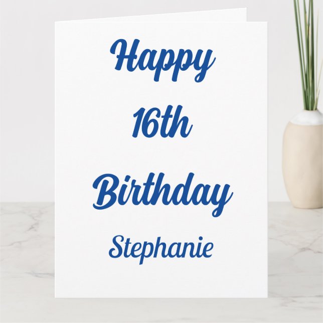 16th Birthday Sixteen Custom Name Blue White 2024 Card (Front)