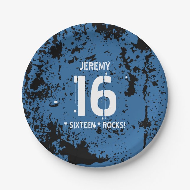 16th Birthday Sixteen Rocks BLUE Grunge F16Z Paper Plates (Front)