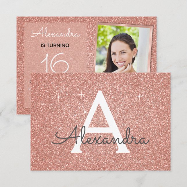 16th Birthday Sparkle Rose Gold Blush Pink Photo Invitation (Front/Back)