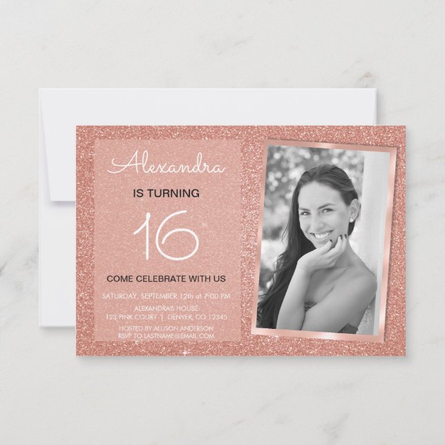 16th Birthday Sparkle Rose Gold Blush Pink Photo Invitation (Back)