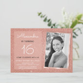 16th Birthday Sparkle Rose Gold Blush Pink Photo Invitation (Standing Front)