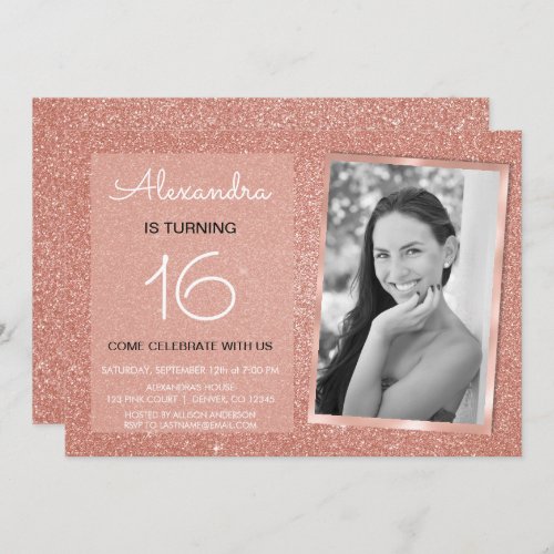 16th Birthday Sparkle Rose Gold Blush Pink Photo Invitation