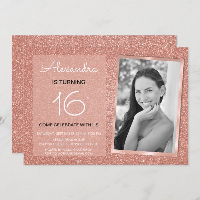 16th Birthday Sparkle Rose Gold Blush Pink Photo Invitation (Front/Back)
