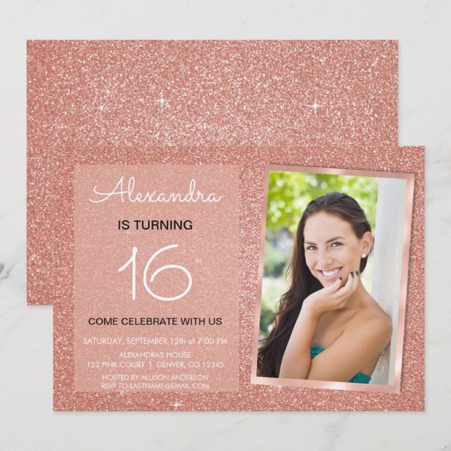 16th Birthday Sparkle Rose Gold Blush Pink Photo Invitation (Front/Back)
