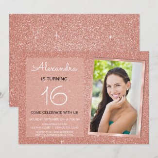 16th Birthday Sparkle Rose Gold Blush Pink Photo Invitation