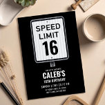 16th Birthday Speed Limit Black and White Sign Invitation<br><div class="desc">Modern, bold birthday party theme featuring a black-and-white speed-limit road sign design. Perfect for a 16th birthday or any milestone age. Fully customizable with your event details and age. A stylish, contemporary choice for teen celebrations with a cool, grown-up feel. Please check the matching collection for COORDINATING ITEMS. Original artworks...</div>