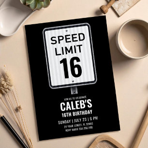 16th Birthday Speed Limit Black and White Sign Invitation