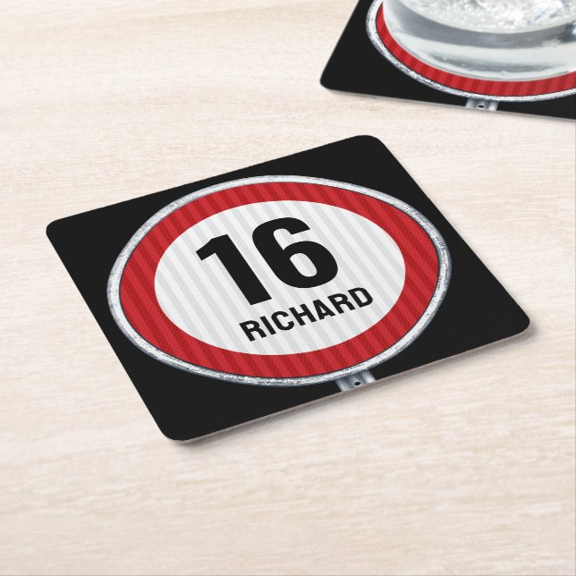 16th Birthday Speed Limit Square Paper Coaster (Angled)