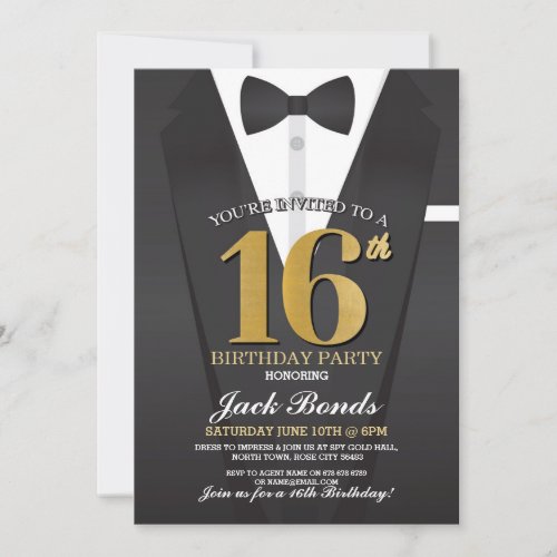 16th Birthday Spy Suit Black tie Gold Tuxedo Sweet Invitation