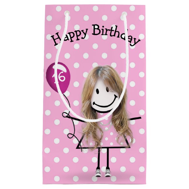 16th Birthday Stick Girl with Pink Balloon Small Gift Bag (Front)