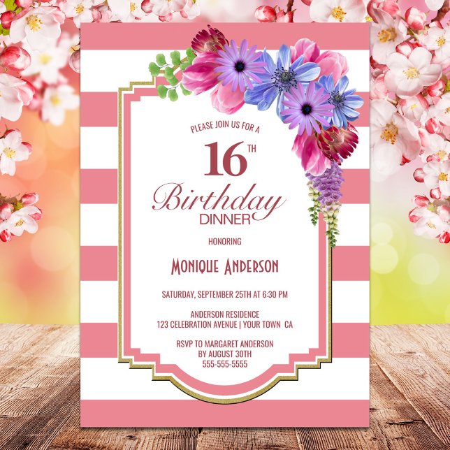 16th Birthday Striped Lavender Floral Dinner Party Invitation (Creator Uploaded)