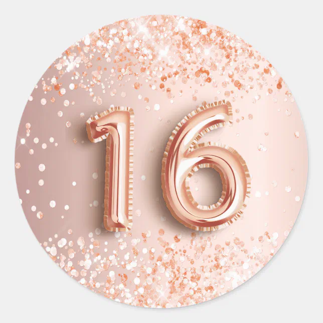 16th birthday sweet 16 blush rose gold glitter classic round sticker ...