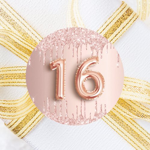 16th birthday sweet 16 blush rose gold glitter classic round sticker