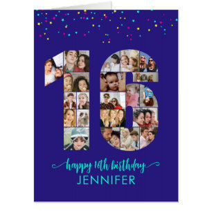 16th Birthday Sweet 16 Custom Photo Collage Blue Card