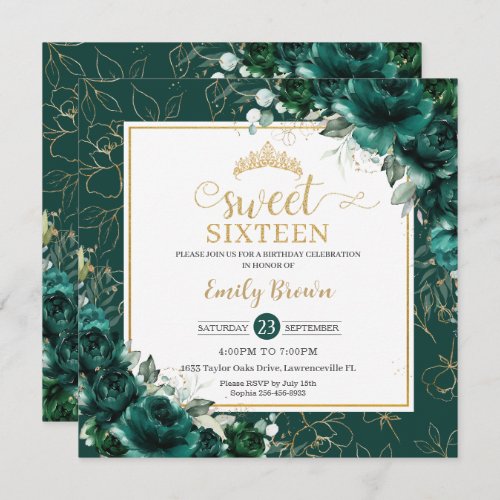 16th Birthday Sweet 16 Emerald Green Floral Gold Invitation