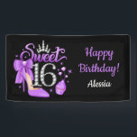 16th Birthday. Sweet 16 girls Banner<br><div class="desc">Editable name. Sweet 16th Birthday design. 16th Birthday design for girls, young ladies, teens. Featuring PRINTED tiara/crown, high heel shoe, cupcake and number 16 design. Purple on black. This glamorous design is a perfect gift for 16 years old friend, daughter, sister, young lady. The great idea for 16th birthday party...</div>