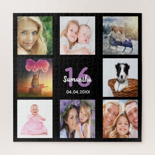 16th birthday sweet 16 photo collage girl black jigsaw puzzle