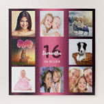 16th birthday sweet 16 photo collage girl purple jigsaw puzzle<br><div class="desc">A gift for a girl's sweet 16, 16th birthday, celebrating her life with a collage of 8 of your photos. Templates for a name, age 16 and a date. Date of birth or the date of the anniversary. Dark purple and white colored letters. Girly and feminine purple gradient background color....</div>