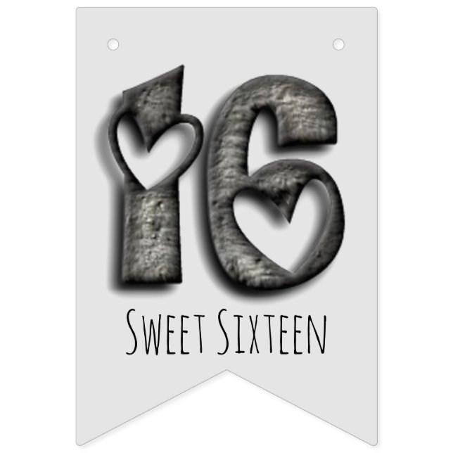 16th Birthday Sweet 16 Rustic Hearts Typography Bunting Flags (First Flag)