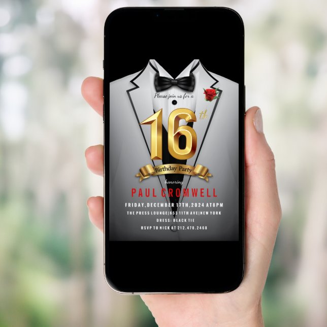 16th Birthday Sweet 16 Tuxedo  Invitation (Front Digital)