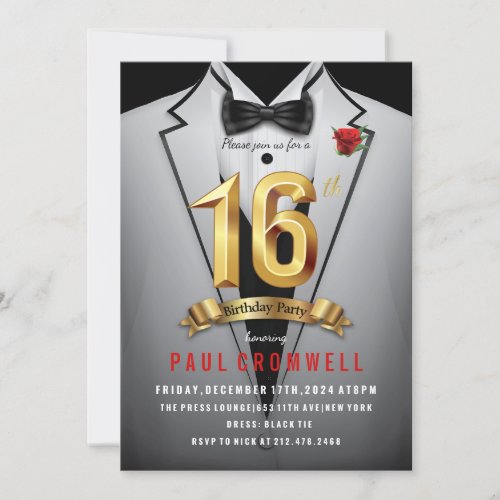 16th Birthday Sweet 16 Tuxedo  Invitation
