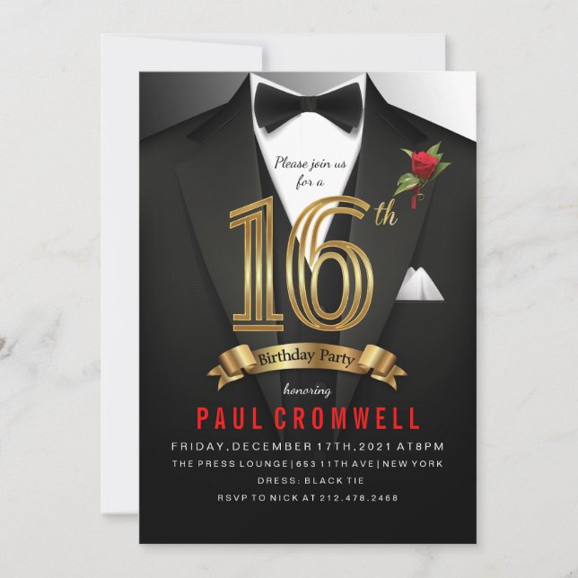 16th Birthday Sweet 16 Tuxedo  Invitation (Front)