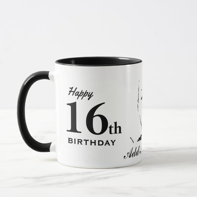 16th Birthday Sweet 16 Typography Black White Mug (Left)