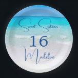 16th Birthday Sweet Sixteen Beach Suite Paper Plates<br><div class="desc">An enticing beach scene is the background for this Sweet Sixteen Beach Party birthday design.
Ocean and sky blues  are the main colors.
All the information and the image are easily replaced for your own custom design.</div>