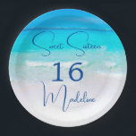 16th Birthday Sweet Sixteen Beach Suite Paper Plates<br><div class="desc">An enticing beach scene is the background for this Sweet Sixteen Beach Party birthday design.
Ocean and sky blues  are the main colors.
All the information and the image are easily replaced for your own custom design.</div>