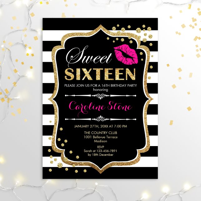 16th Birthday - Sweet Sixteen Black Pink Gold Invitation