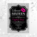 16th Birthday - Sweet Sixteen Black Pink Silver Invitation<br><div class="desc">Sweet Sixteen Birthday Invitation.
Elegant black white design with faux glitter silver. Features pink lips kiss,  confetti and script font. Perfect for a stylish 16th birthday party. Message me if you need further customization.</div>