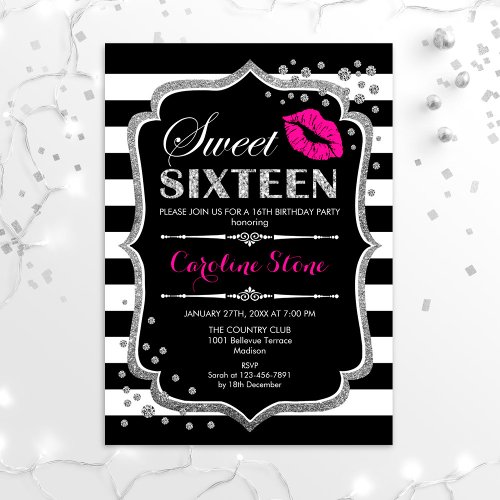 16th Birthday _ Sweet Sixteen Black Pink Silver Invitation